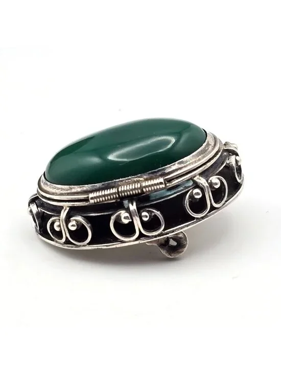 Vintage Taxco Sterling Silver Green Onyx Locket Brooch Mexico Eagle Mark 1 - Picture 2 of 13